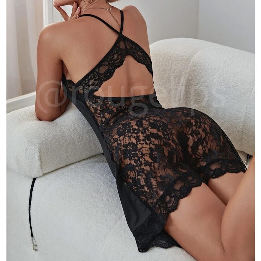 Black Night Gown Slip Cami Dress Lace Detailed Cut Out Back Short